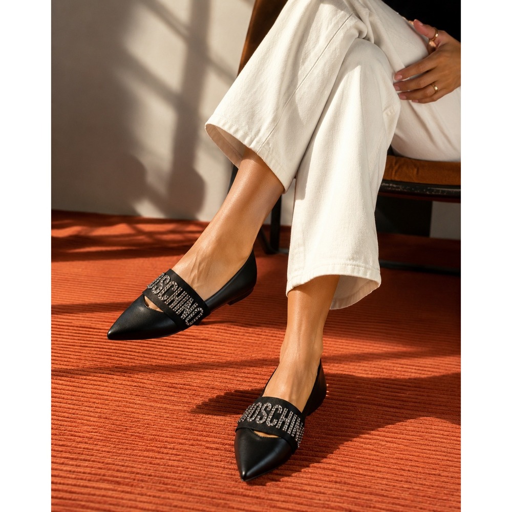 Moschino Flats Womens Size 6 Black Good Crystal Logo Strap